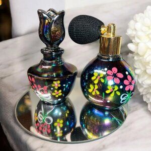 Set of 1950's Black Opalescent Glass Vanity Perfume Bottle & Atomizer Bottle